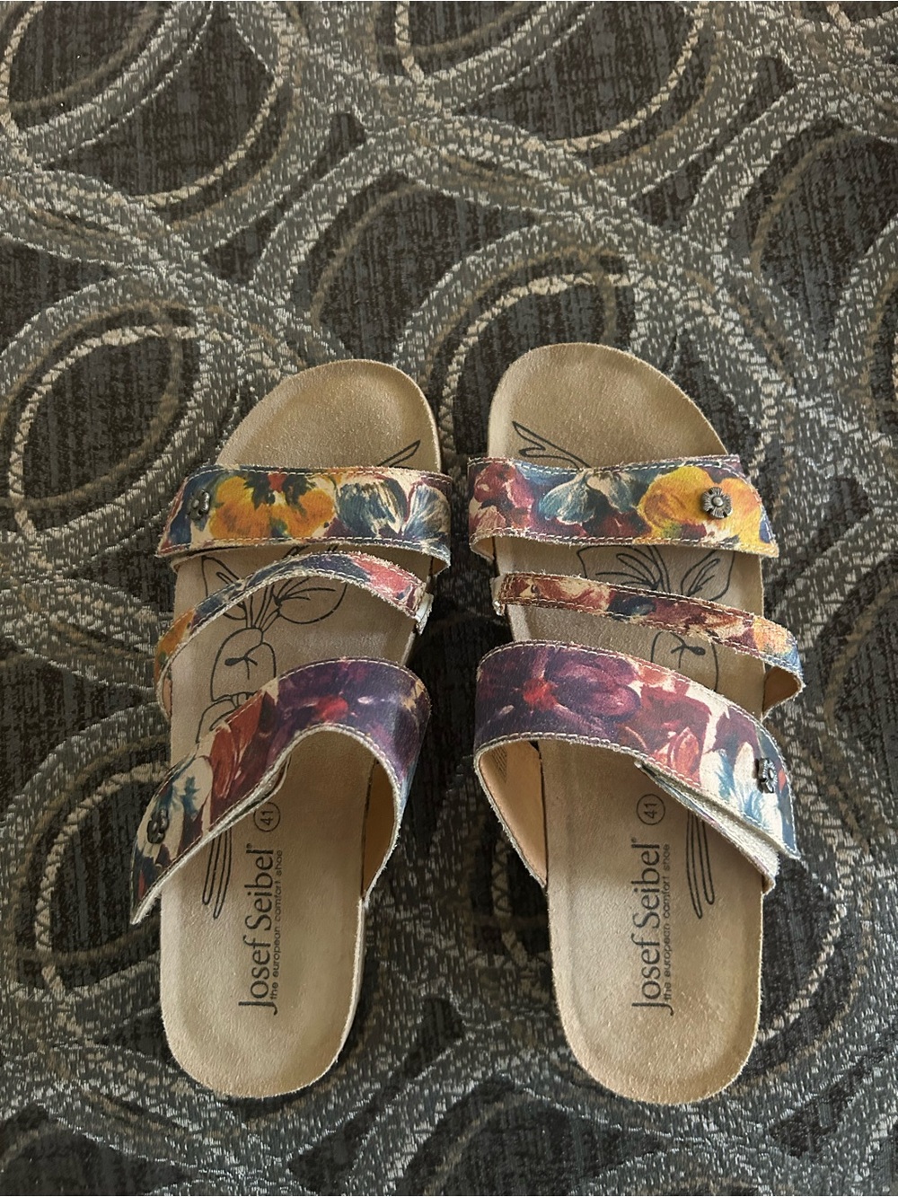 Josef Seibel Floral Leather Slide Sandals - Blue, Purple, Yellow, Red